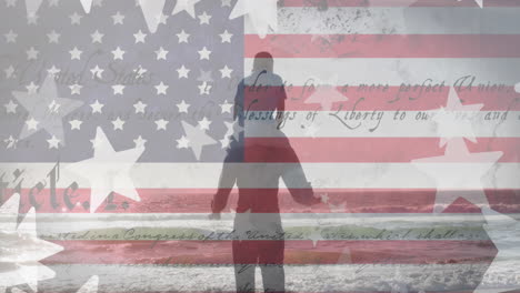 Animation-of-stars-and-flag-of-america,-rear-view-of-man-carrying-boy-on-shoulder-at-beach