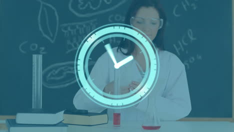 Animation-of-digital-clock-over-caucasian-woman-wearing-safety-spectacle-mixing-liquids-in-classroom