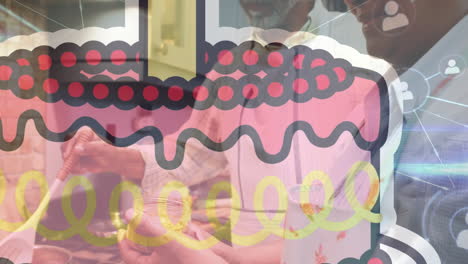 Animation-Des-Netzwerks-Von-Verbindungen-Und-Geburtstagskuchen-Symbol-über-Einem-älteren-Afroamerikanischen-Paar