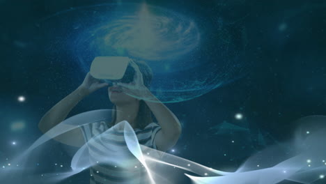 Animation-of-waves-over-caucasian-girl-in-vr-headset