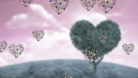 Animation-Von-Herzsymbolen,-Die-über-Dem-Herzbaum-Schweben