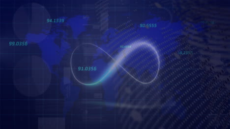 Animation-of-world-map,-numbers-and-infinity-on-navy-background