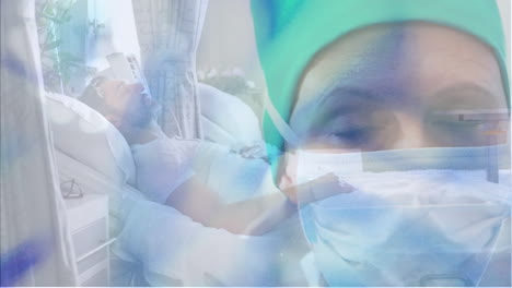 Animation-Von-Wellen-über-Einer-Kaukasischen-Ärztin-Mit-Gesichtsmaske-Und-Einem-Männlichen-Patienten