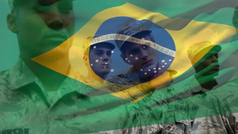 Animation-of-flag-of-brasil-over-diverse-soldiers
