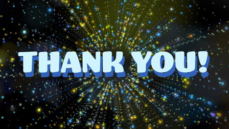 Animation-of-thank-you-text-banner-over-glowing-light-trails-and-spots-in-seamless-pattern