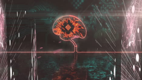 Animation-Von-Lichtspuren-über-Dem-Gehirnsymbol-Mit-Computerplatine-Auf-Schwarzem-Hintergrund