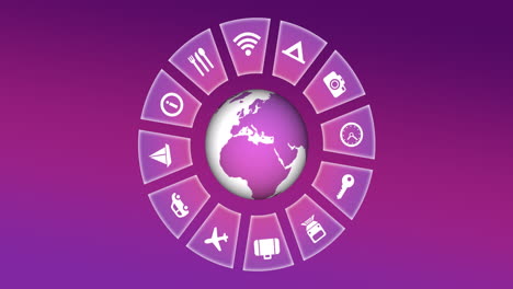 Animation-of-travel-icons-with-globe-and-copy-space-on-pink-background