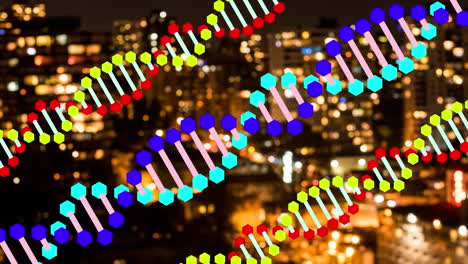 Animation-of-dna-rotating-over-blurred-night-cityscape