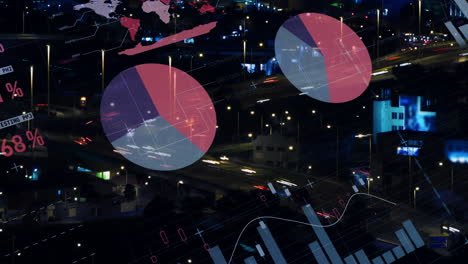 Animation-of-infographic-interface,-aerial-view-of-time-lapse-of-moving-vehicles-on-street-in-city