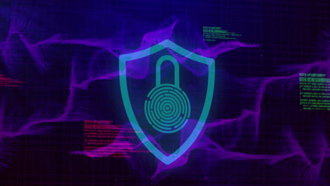 Animation-Des-Sicherheitsvorhängeschloss-Symbols-Und-Der-Datenverarbeitung-über-Violetten-Digitalen-Wellen-Auf-Blauem-Hintergrund