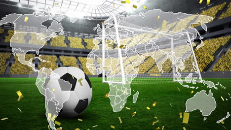 Animation-of-falling-gold-confetti-and-football-ball-over-world-map