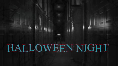 Animation-Eines-Halloween-Nachttextes-über-Einer-Gruseligen-Zombiefigur-Im-Dunklen-Korridor,-Die-Den-Kopf-Vor-Schmerzen-Hält