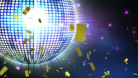 Animation-of-falling-confetti-and-glowing-disco-ball-over-dark-background