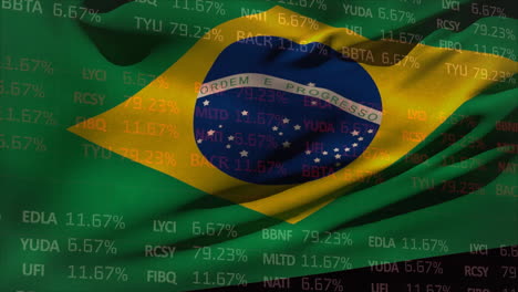 Animation-of-trading-board-over-waving-flag-of-brazil-against-black-background