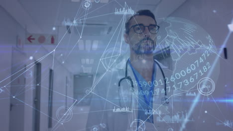 Animation-of-network-of-connections-over-caucasian-male-doctor-walking-in-hospital-corridor
