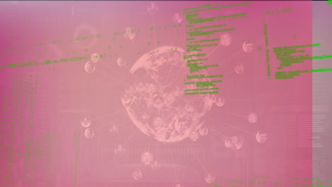 Animation-of-data-processing,-globe-and-connections-on-pink-background