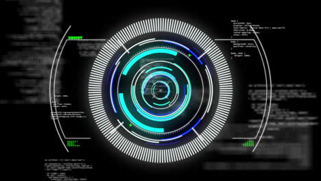 Animation-of-illuminated-loading-circles-and-computer-language-over-black-background