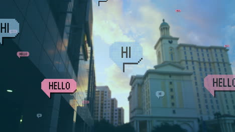 Animation-of-social-media-text-and-data-processing-over-cityscape