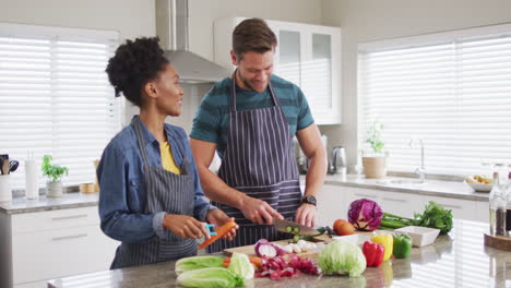 Video-of-happy-diverse-couple-preparing-meal,-cutting-vegetables-in-kitchen