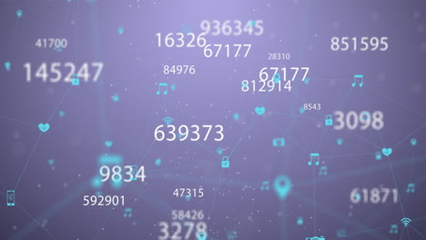 Animation-of-multiple-changing-numbers-and-network-of-digital-icons-against-purple-background