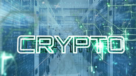 Animation-of-crypto-text-banner-and-green-light-trails-against-computer-server-room