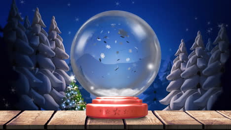 Animation-Der-Weihnachtsschneekugel-Mit-Schnee,-Der-Nachts-In-Die-Winterlandschaft-Fällt