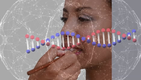 Animation-of-dna-strand-and-globe-of-connections-over-biracial-woman