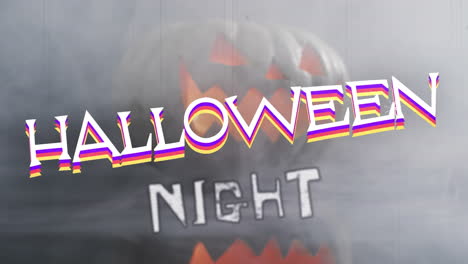 Animation-of-halloween-text-over-carved-pumpkin-on-grey-background
