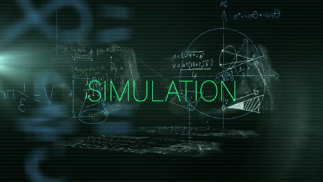 Animation-Von-Simulationstext-In-Grün-über-Mathematischen-Gleichungen-Und-Formeln-Auf-Schwarzem-Hintergrund