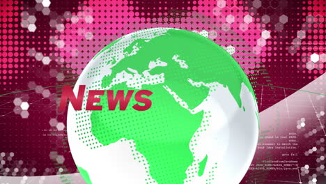 Animation-Des-Globus-Mit-Nachrichtentext-Und-Datenverarbeitung-über-Flecken-Auf-Rotem-Hintergrund