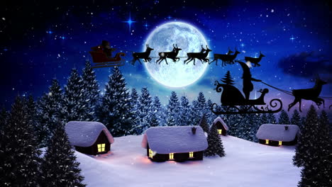 Animation-of-snow-falling-over-santa-claus-in-sleigh-with-reindeer-and-christmas-winter-scenery