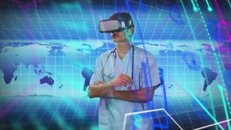 Animation-Eines-Kaukasischen-Männlichen-Arztes-Im-VR-Headset-über-Einer-Weltkarte-Und-Verschiedenen-Daten