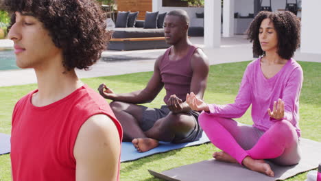 Fröhliche-Gruppe-Verschiedener-Freunde,-Die-Im-Garten-Yoga-Machen-Und-Meditieren