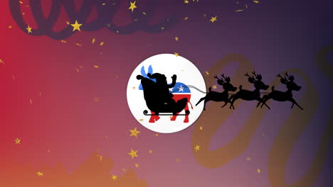 Animation-of-golden-stars-over-santa-claus-in-sleigh-being-pulled-by-reindeers-against-reindeer-icon