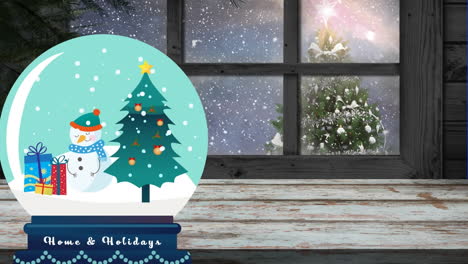 Animation-Eines-Weihnachtsbaums-In-Einer-Schneekugel-Vor-Dem-Blick-Auf-Die-Winterlandschaft-Vom-Fensterrahmen-Aus
