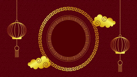 Animation-of-chinese-lanterns-over-circles-on-red-background