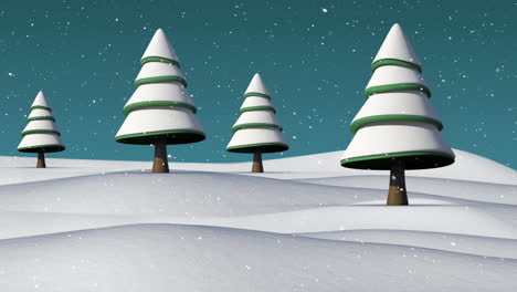 Animation-of-snow-falling-over-trees-on-winter-landscape-against-green-background-with-copy-space