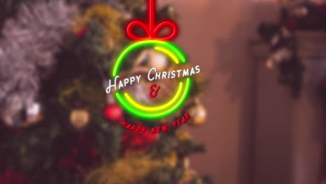 Animation-of-christmas-greetings-text-and-christmas-tree-with-decorations