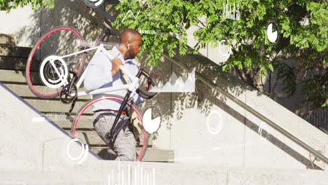 Animation-of-data-processing-over-african-american-businessman-walking-with-bike
