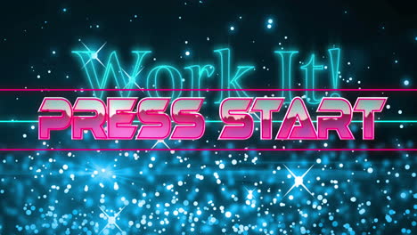 Animation-of-press-start-text-in-pink-metallic-letters-over-work-it-text-on-blue-glowing-lights