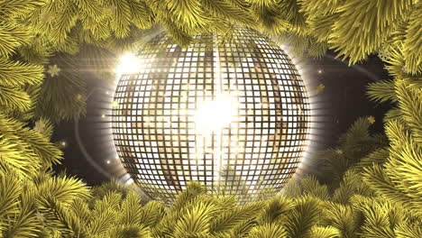 Animation-of-gold-snowflakes-falling-with-mirror-ball-and-christmas-tree-border