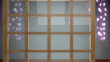 Animation-Von-Weihnachtsdekorationen-Und-Schnee,-Der-über-Den-Fensterhintergrund-Fällt