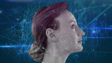 Animation-of-caucasian-woman-profile,-waves-and-connections-over-navy-background