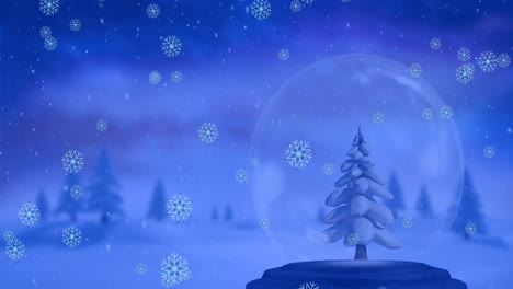 Animation-of-snowflakes-falling-over-christmas-tree-in-a-snow-globe-on-winter-landscape