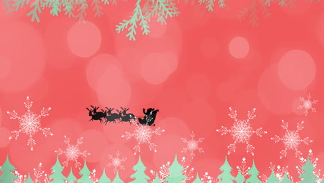 Animation-Einer-Weihnachtlichen-Winterlandschaft-Mit-Weihnachtsmann-Im-Schlitten-Auf-Rotem-Hintergrund