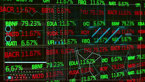 Animation-of-trading-board-over-hud-interface-against-black-background