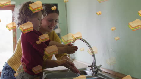 Animation-Von-Sandwich-Symbolen-über-Einer-Kaukasischen-Mutter-Mit-Ihrem-Sohn-Beim-Händewaschen