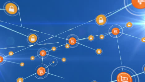 Animation-of-network-of-connections-with-icons-over-shapes-on-blue-background