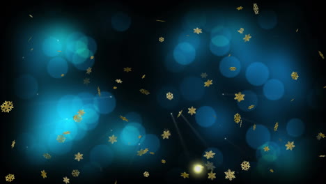 Animation-Von-Goldenen-Weihnachtsschneeflocken,-Die-über-Blaue-Lichter-Auf-Schwarzem-Hintergrund-Fallen