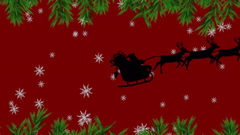 Animation-of-christmas-winter-scenery-with-santa-claus-in-sleigh-over-snow-and-red-background